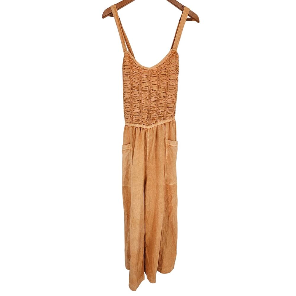 Free People Forever Always Melo Pearl Smocked Tie Back Wide Leg Boho Jumpsuit L - Picture 13 of 13